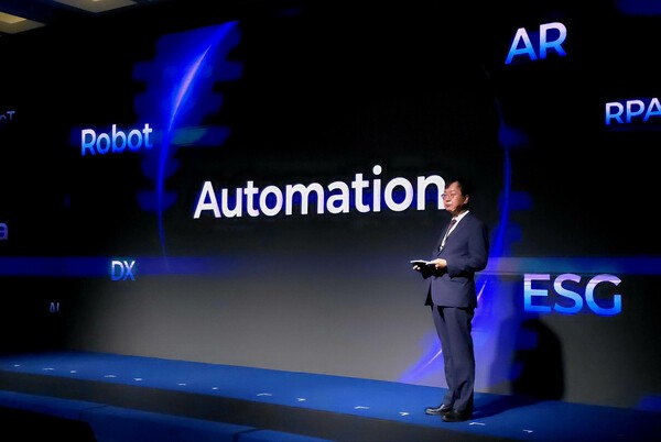 최성안 삼성중공업 대표이사(부회장)가 29일 삼성거제호텔에서 열린 'Auto2Vision' 행사에서 설계·생산자동화 비전을 설명하고 있다.